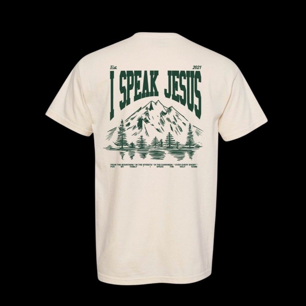 I Speak Jesus T-Shirt — CHARITY GAYLE Shirt Sand back side